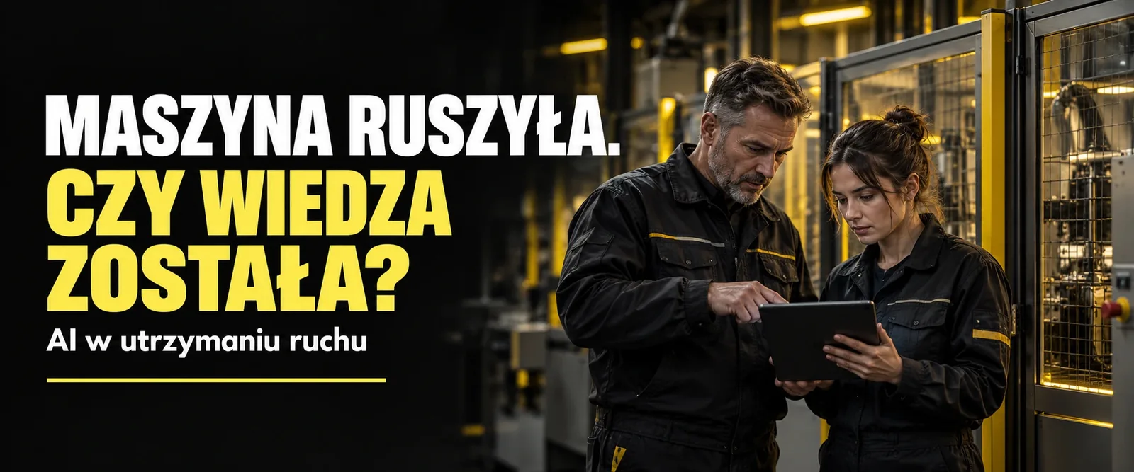 Maszyna ruszyła. Czy wiedza została? Dwoje techników w ciemnych kombinezonach analizuje informacje na tablecie przy maszynie z żółtymi osłonami.