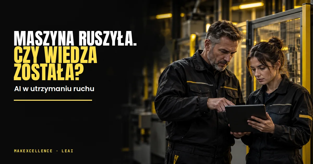 Dwoje techników analizuje dane na tablecie przy maszynie — AI w utrzymaniu ruchu