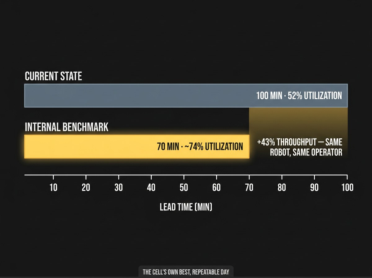 Current state 100 min / 52% utilisation vs internal benchmark 70 min / ~74% — +43% throughput