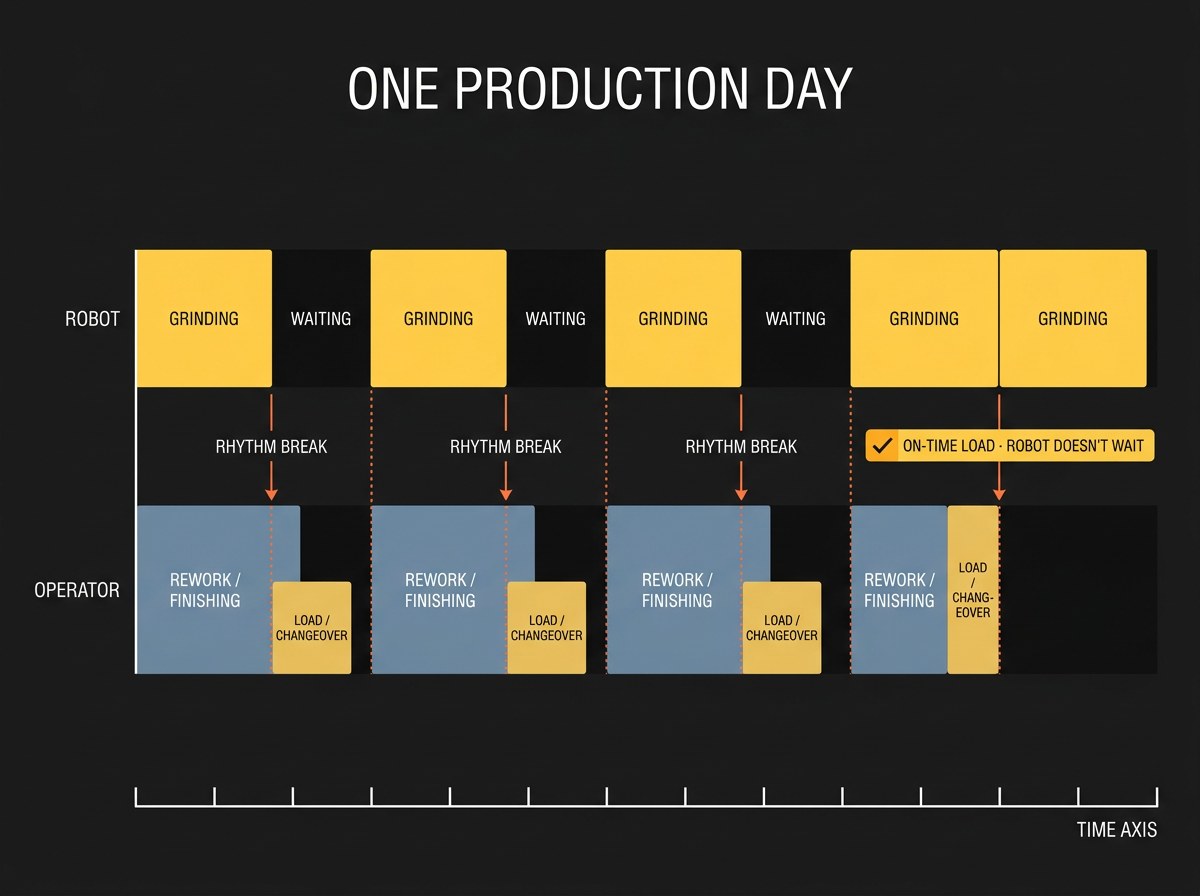 One production day — three cycles where late finishing makes the robot wait, and one good cycle where the operator swaps the part on time so the robot doesn't wait