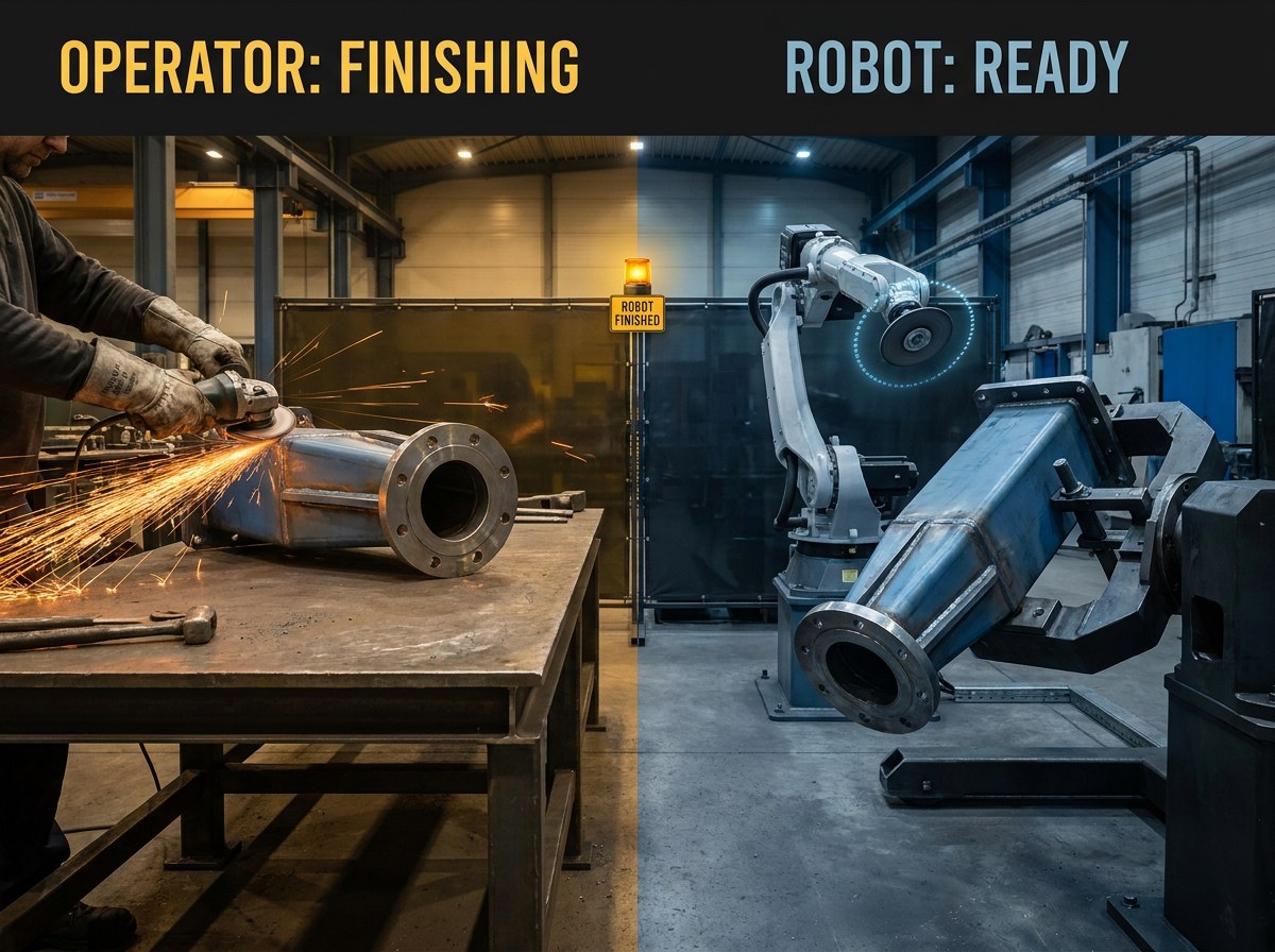 The rhythm break — robot and jig ready and waiting while the operator is stuck finishing the previous part