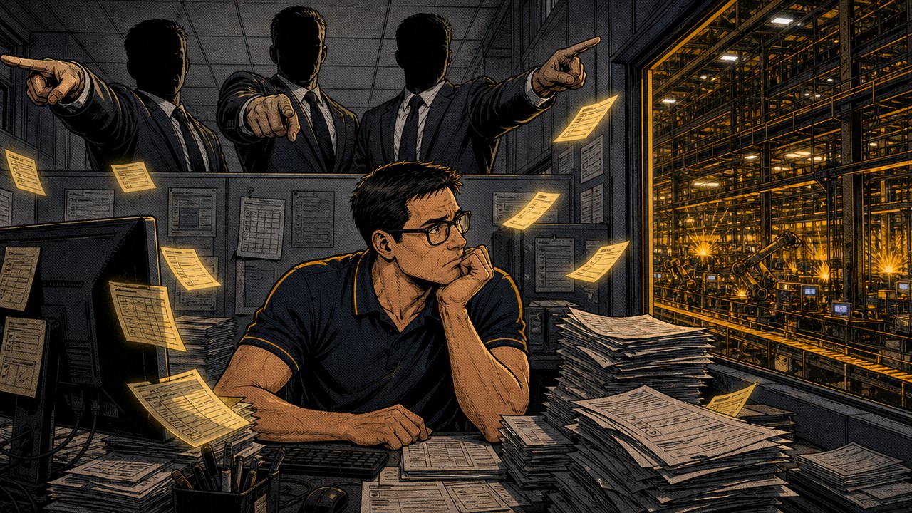 Komiksowy kadr: inżynier zasypany stertą korpo-zadań przy biurku, w tle hala produkcyjna za szybą
