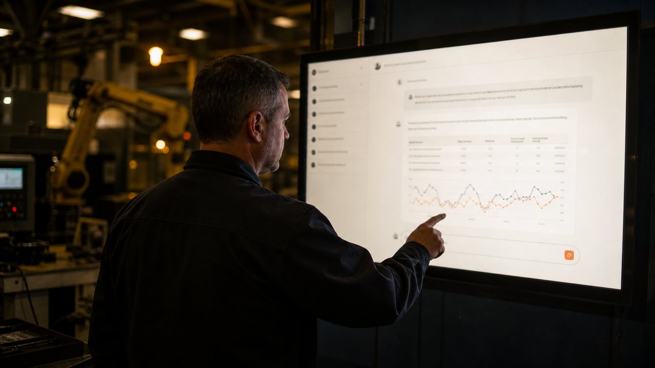 Production engineer working on a large touchscreen with an AI assistant interface on the shop floor