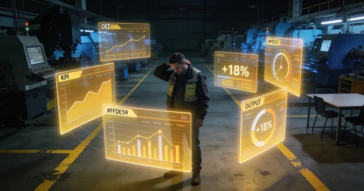 A lone engineer surrounded by KPI dashboards on an empty production floor — no management support